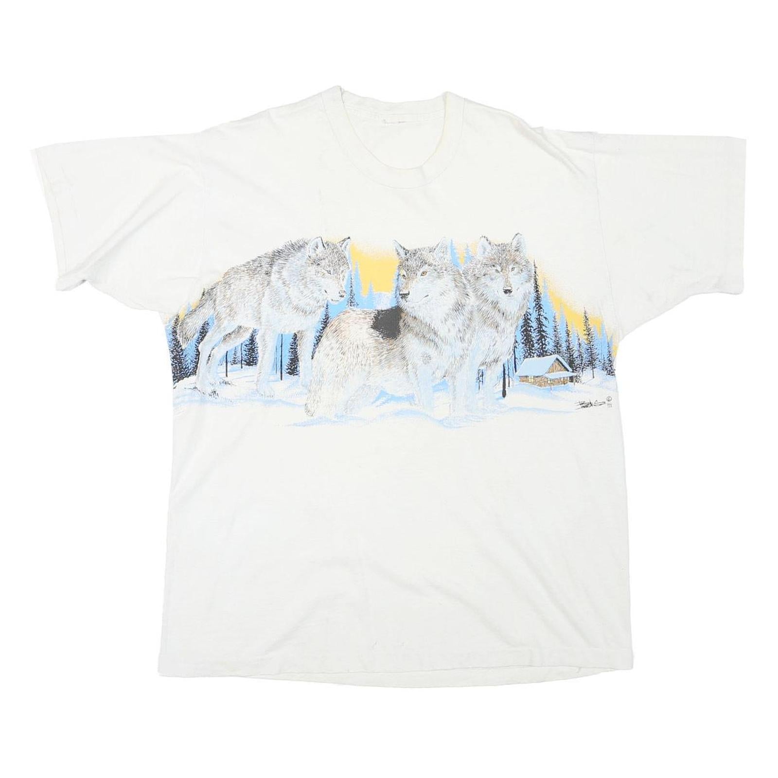 Mens White Cotton Blend Wolves Graphic T-Shirt M Short Sleeve Crew Neck Nature