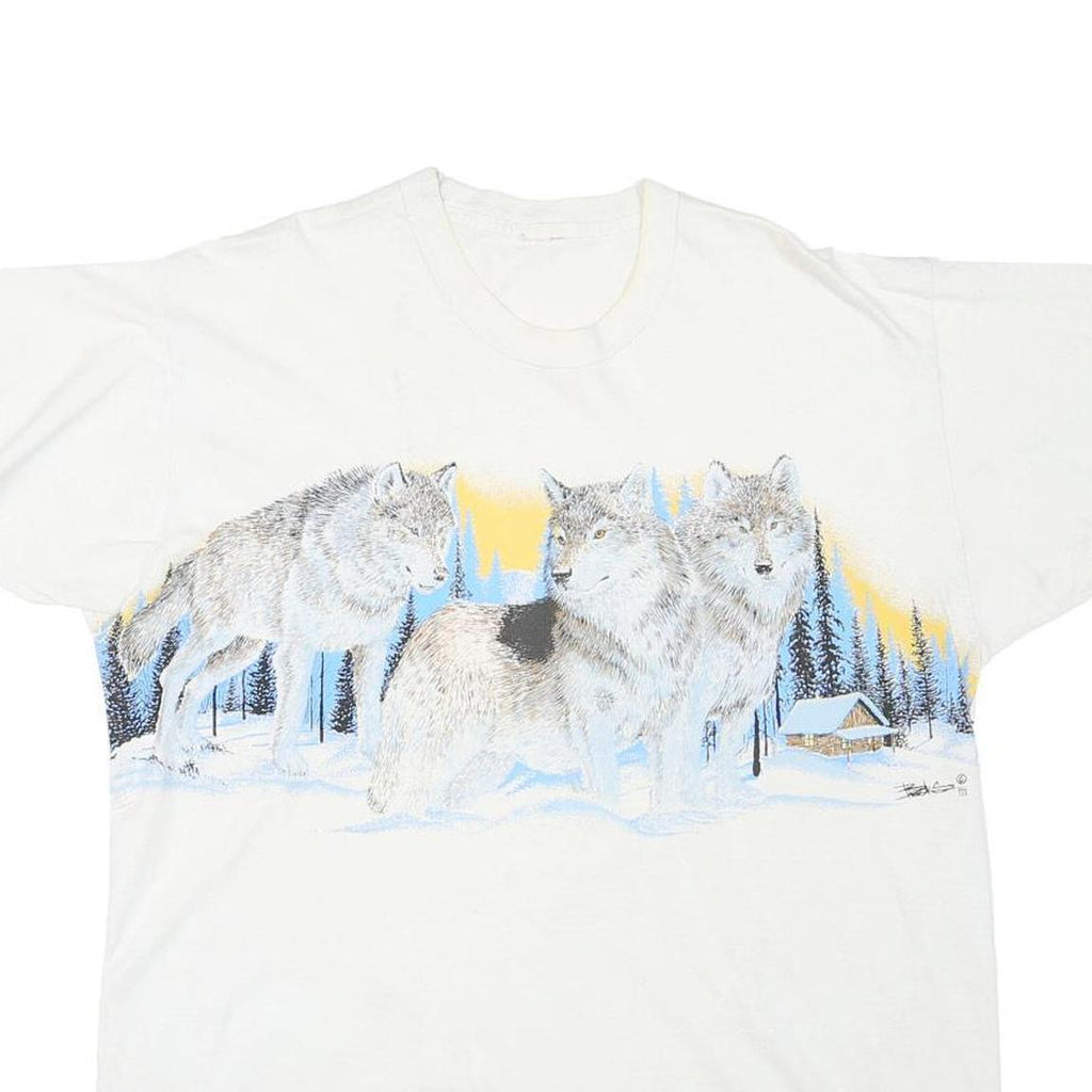 Mens White Cotton Blend Wolves Graphic T-Shirt M Short Sleeve Crew Neck Nature