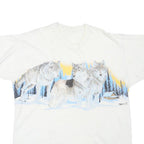 Mens White Cotton Blend Wolves Graphic T-Shirt M Short Sleeve Crew Neck Nature