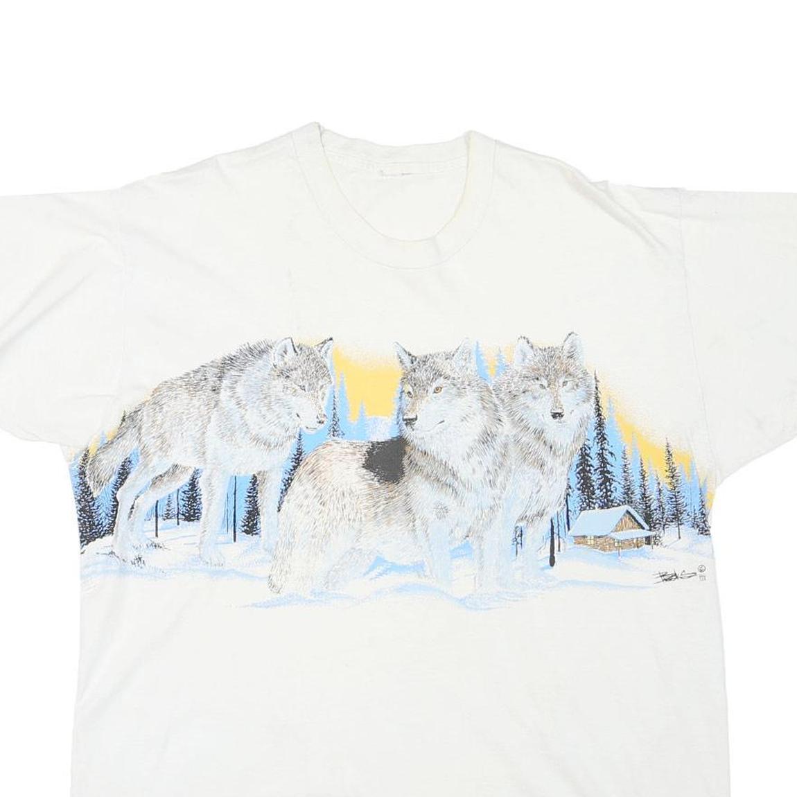 Mens White Cotton Blend Wolves Graphic T-Shirt M Short Sleeve Crew Neck Nature