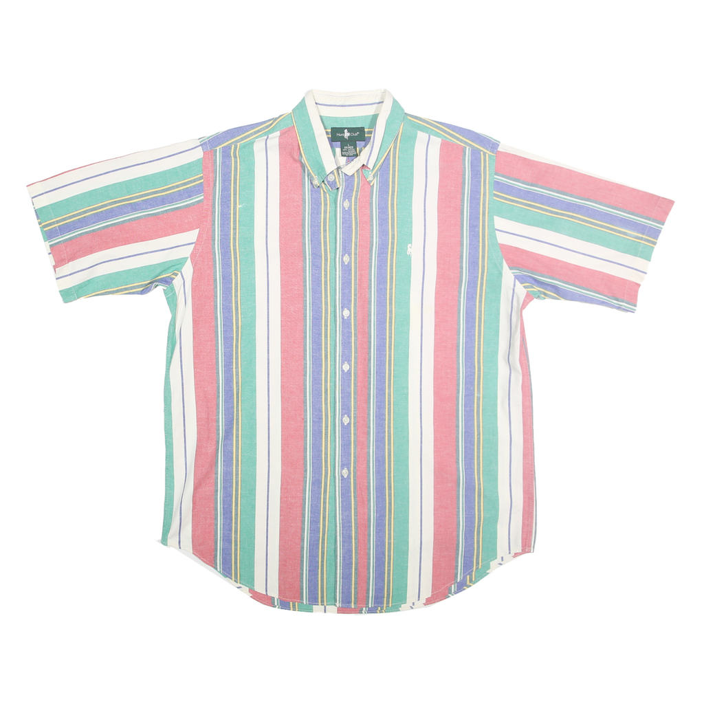 HUNT CLUB Mens Green & Pink Striped Cotton Shirt L Button-Down Collar Short