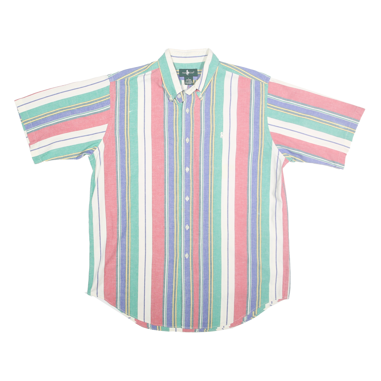 HUNT CLUB Mens Green & Pink Striped Cotton Shirt L Button-Down Collar Short