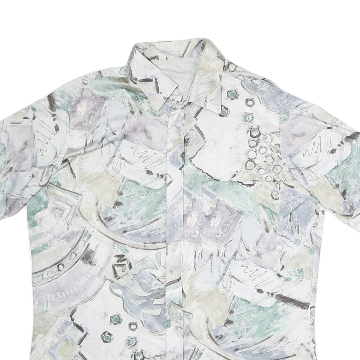 Mens White & Pastel Pattern Polyester Shirt M Abstract Print Summer Style