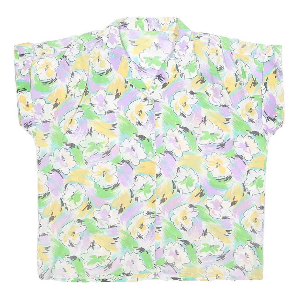 Womens White Green & Yellow Floral Printed Shirt Short Sleeve Collared L Summer