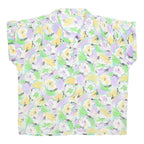 Womens White Green & Yellow Floral Printed Shirt Short Sleeve Collared L Summer