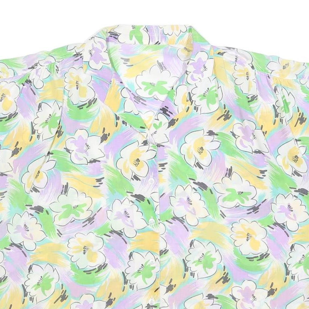 Womens White Green & Yellow Floral Printed Shirt Short Sleeve Collared L Summer
