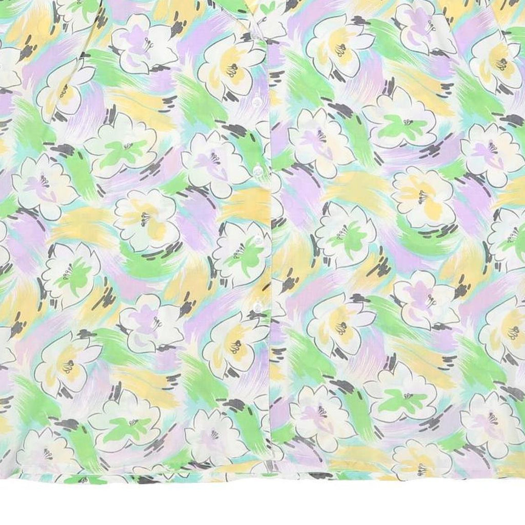 Womens White Green & Yellow Floral Printed Shirt Short Sleeve Collared L Summer