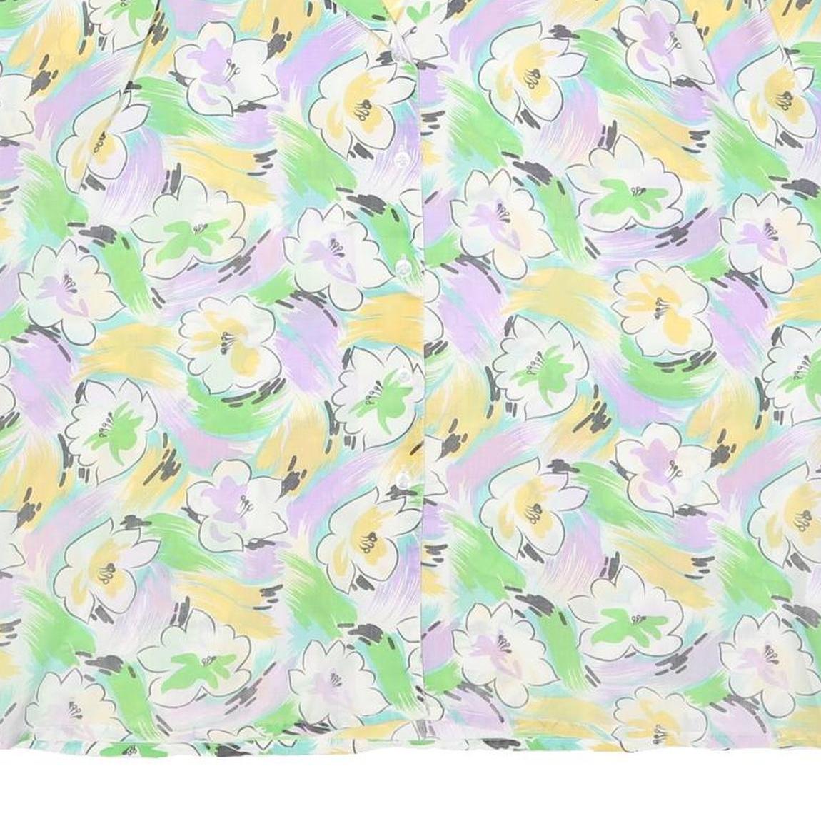Womens White Green & Yellow Floral Printed Shirt Short Sleeve Collared L Summer