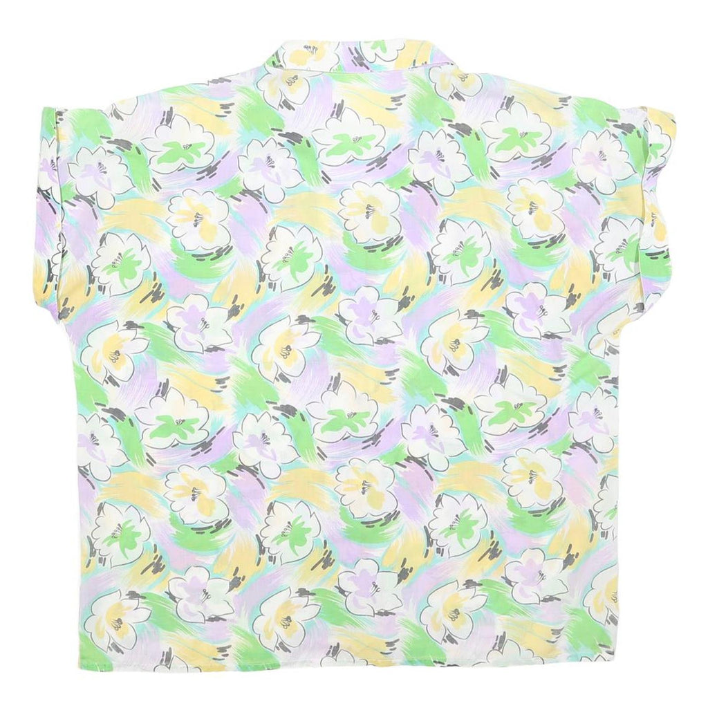 Womens White Green & Yellow Floral Printed Shirt Short Sleeve Collared L Summer