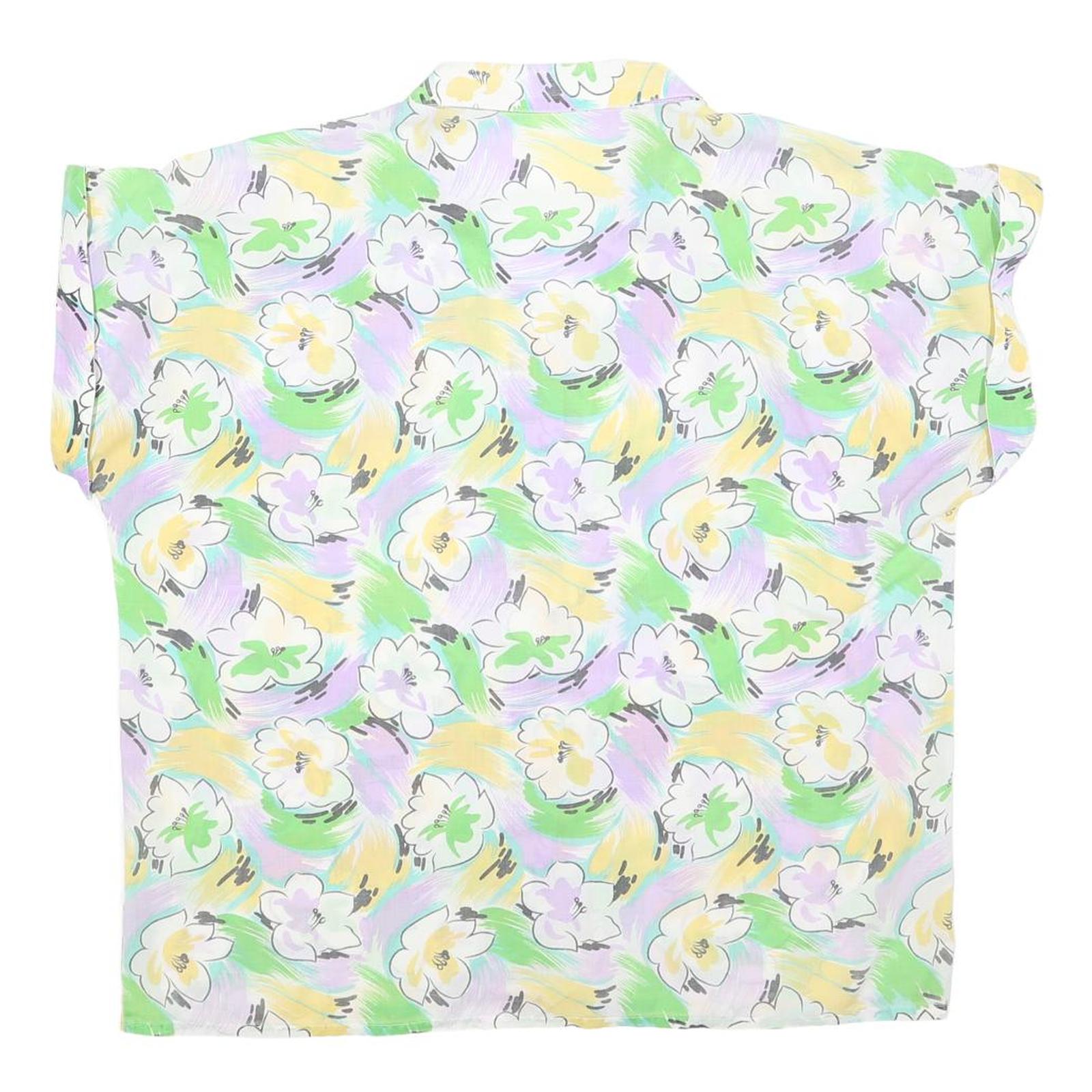 Womens White Green & Yellow Floral Printed Shirt Short Sleeve Collared L Summer