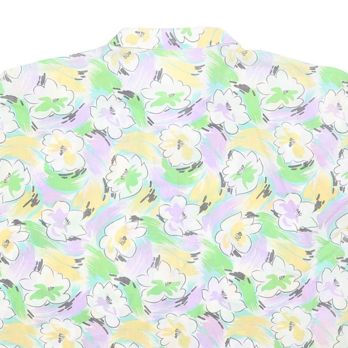Womens White Green & Yellow Floral Printed Shirt Short Sleeve Collared L Summer