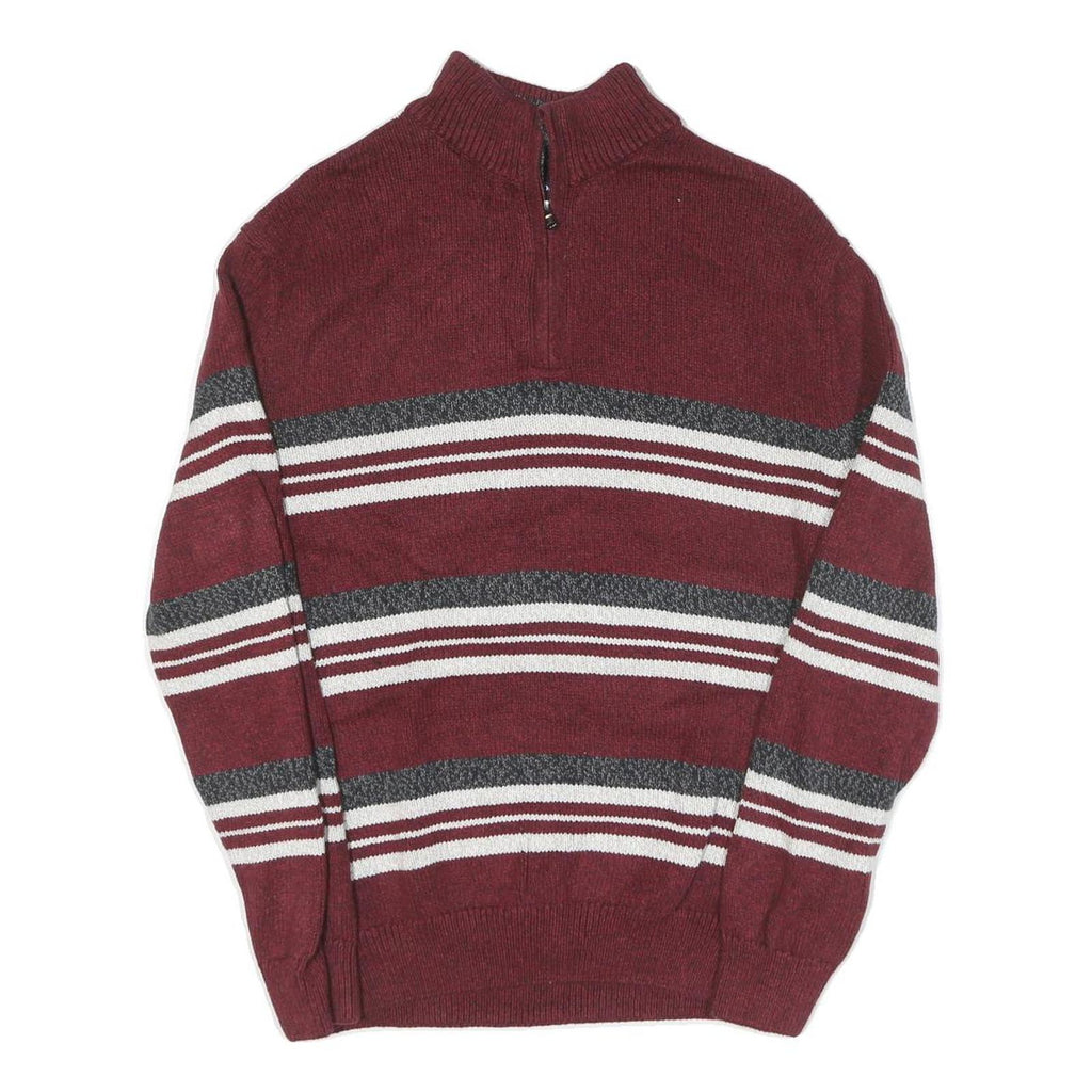 CHAPS Mens Maroon & Grey Striped Pattern Pullover Crew Neck Jumper M Cotton
