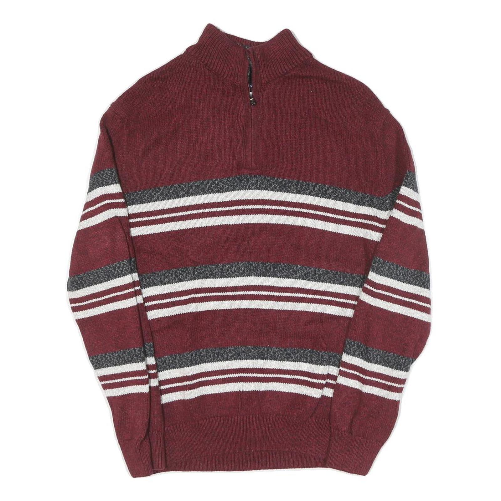 CHAPS Mens Maroon & Grey Striped Pattern Pullover Crew Neck Jumper M Cotton