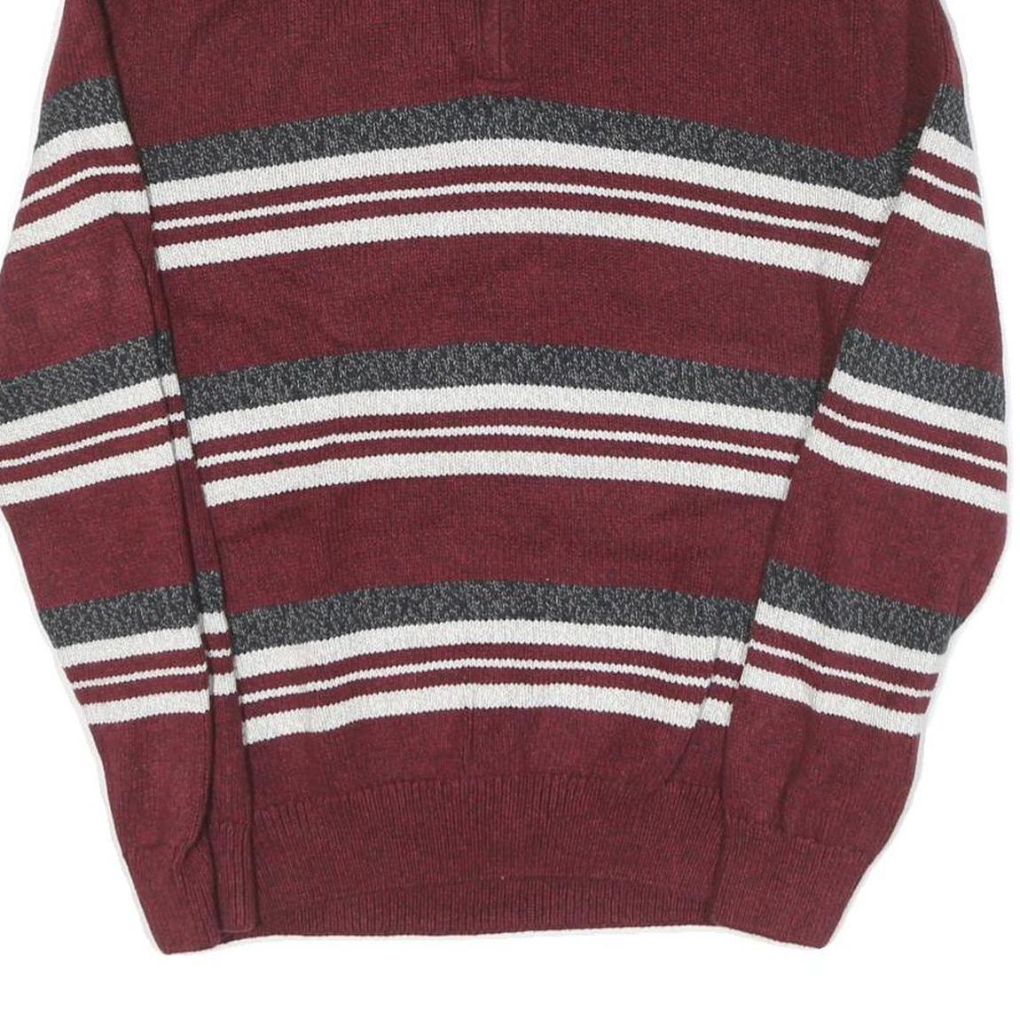 CHAPS Mens Maroon & Grey Striped Pattern Pullover Crew Neck Jumper M Cotton