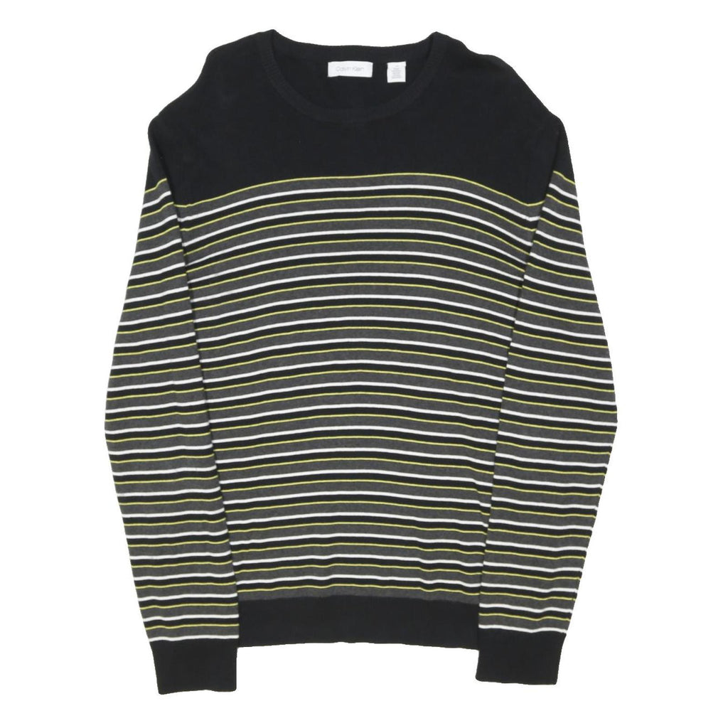 CALVIN KLEIN Mens Black Grey White Lime Stripe Pattern Crew Neck Basic Knit
