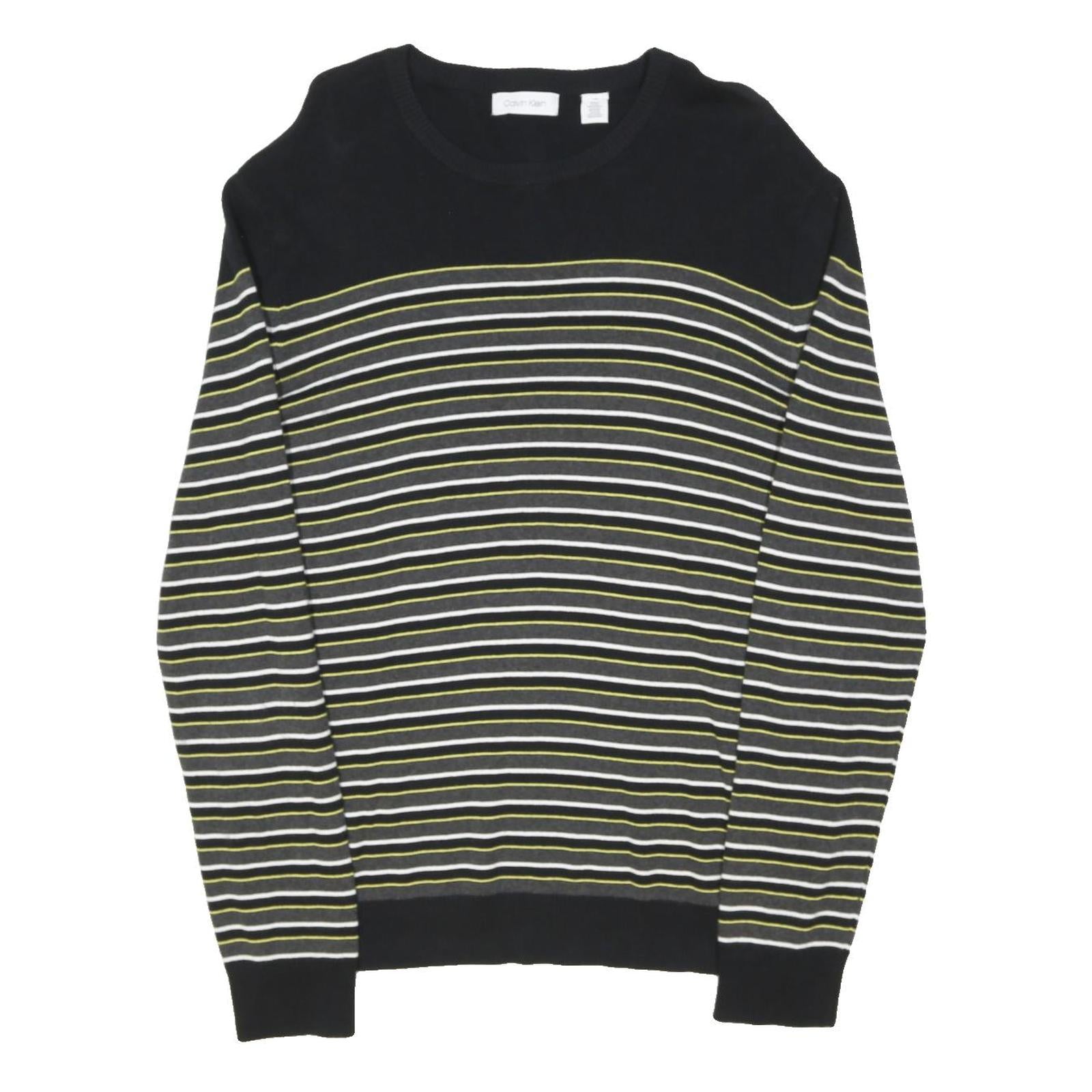 CALVIN KLEIN Mens Black Grey White Lime Stripe Pattern Crew Neck Basic Knit