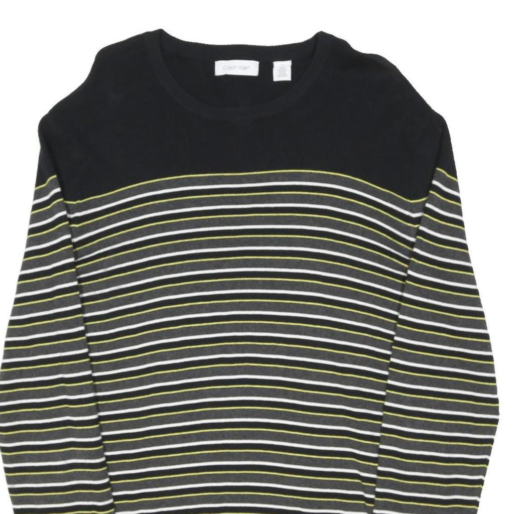 CALVIN KLEIN Mens Black Grey White Lime Stripe Pattern Crew Neck Basic Knit