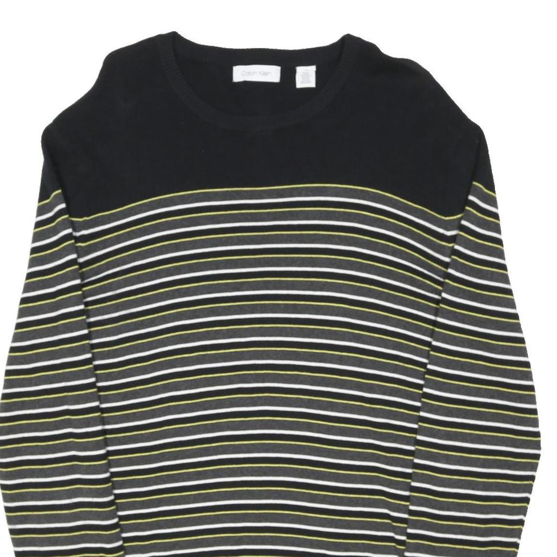 CALVIN KLEIN Mens Black Grey White Lime Stripe Pattern Crew Neck Basic Knit
