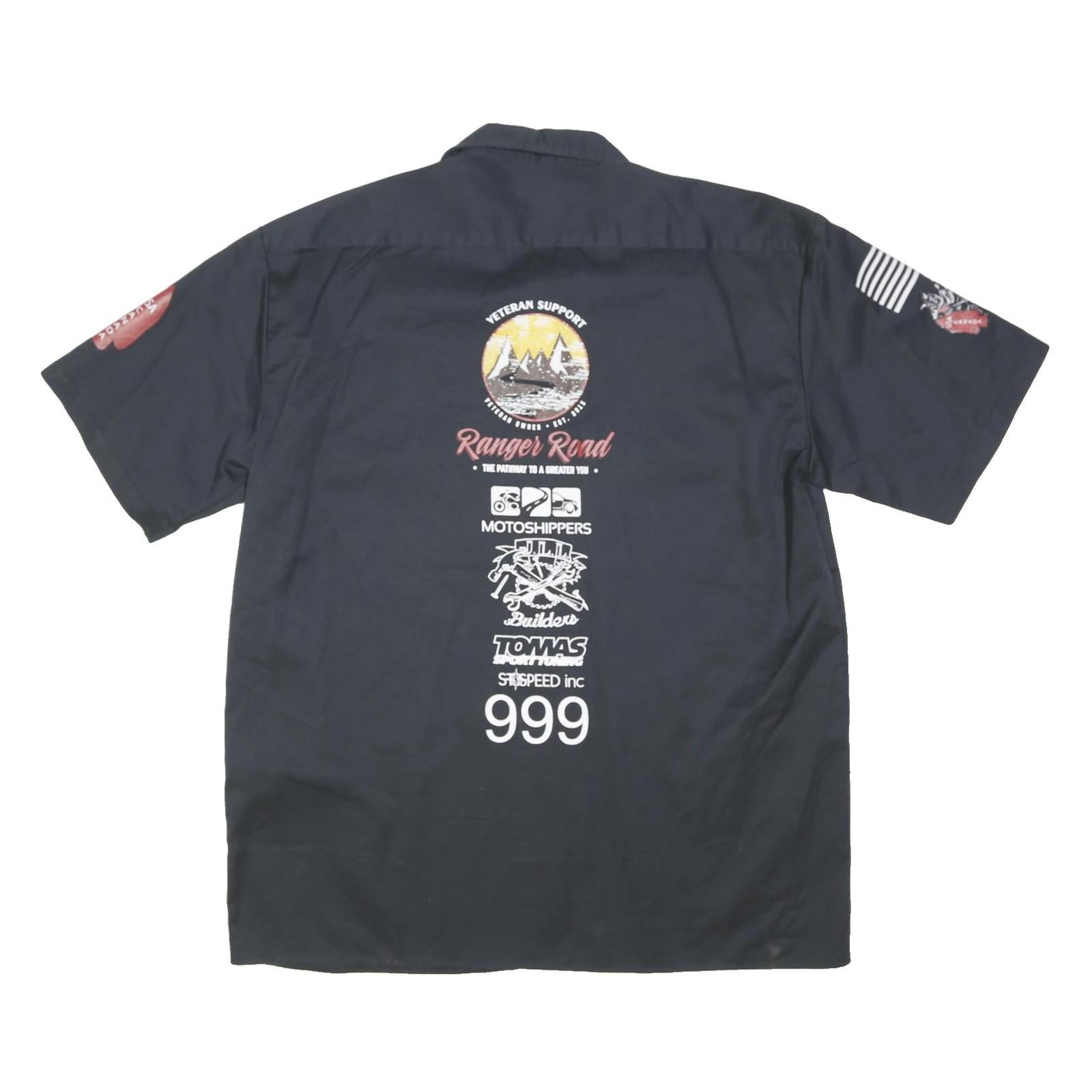 DICKIES Mens Navy Blue Work Shirt L Ranger Road Veteran Support Logos