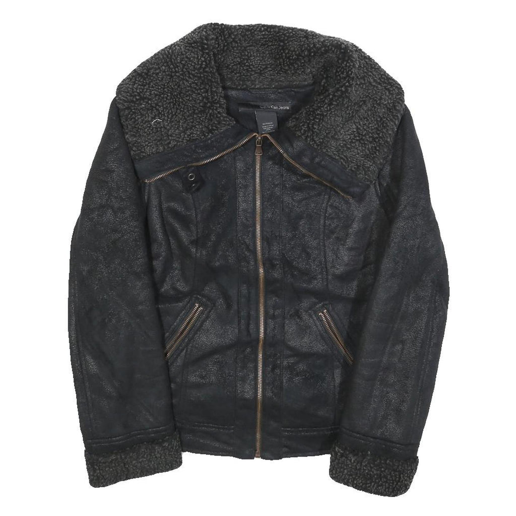 CALVIN KLEIN JEANS Womens Black Faux Shearling Biker Jacket XS Polyester Zip