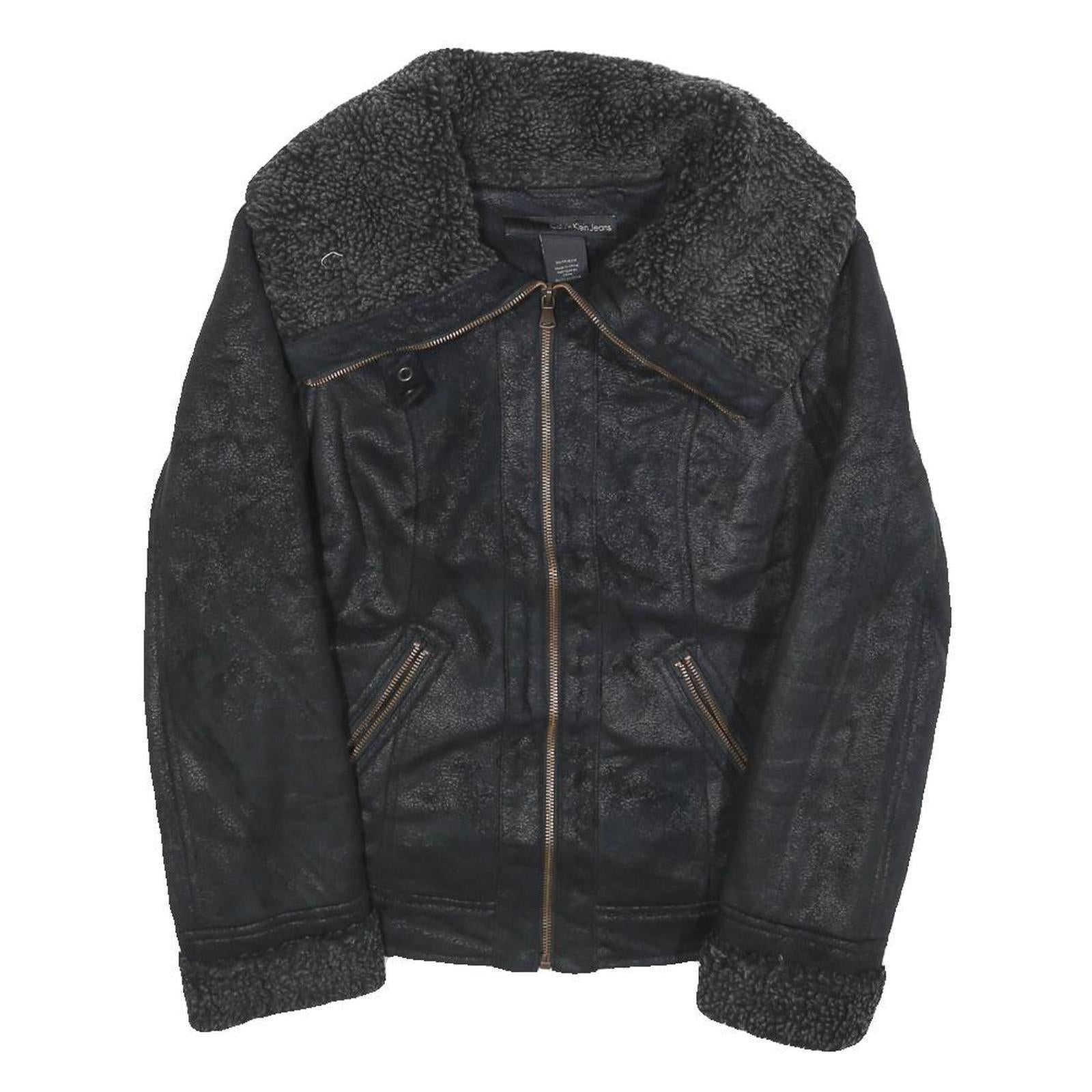 CALVIN KLEIN JEANS Womens Black Faux Shearling Biker Jacket XS Polyester Zip