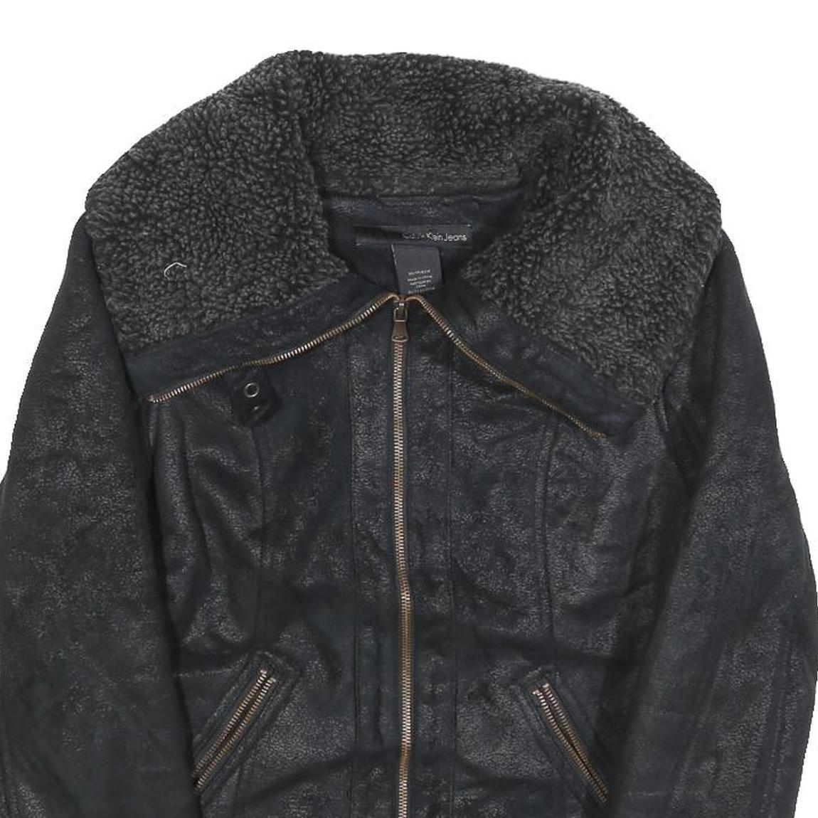 CALVIN KLEIN JEANS Womens Black Faux Shearling Biker Jacket XS Polyester Zip