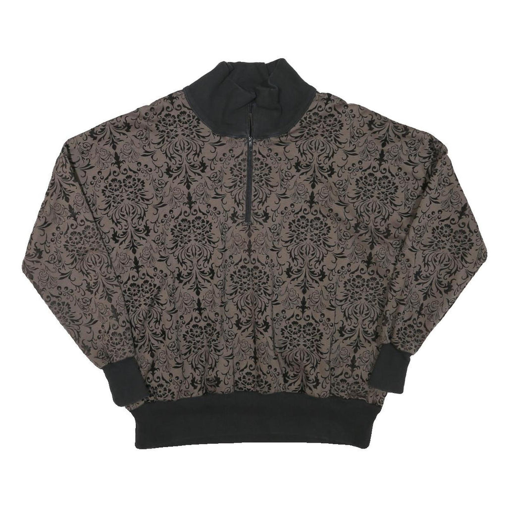 Womens Brown & Black Patterned Sweatshirt Collared L Zip Neck Pullover Casual