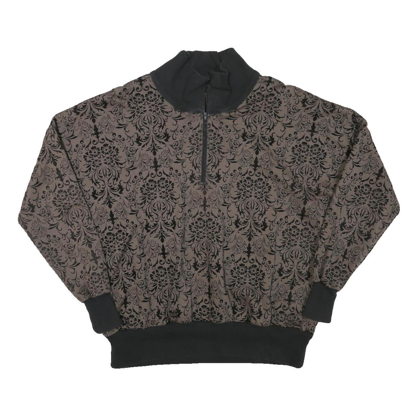 Womens Brown & Black Patterned Sweatshirt Collared L Zip Neck Pullover Casual