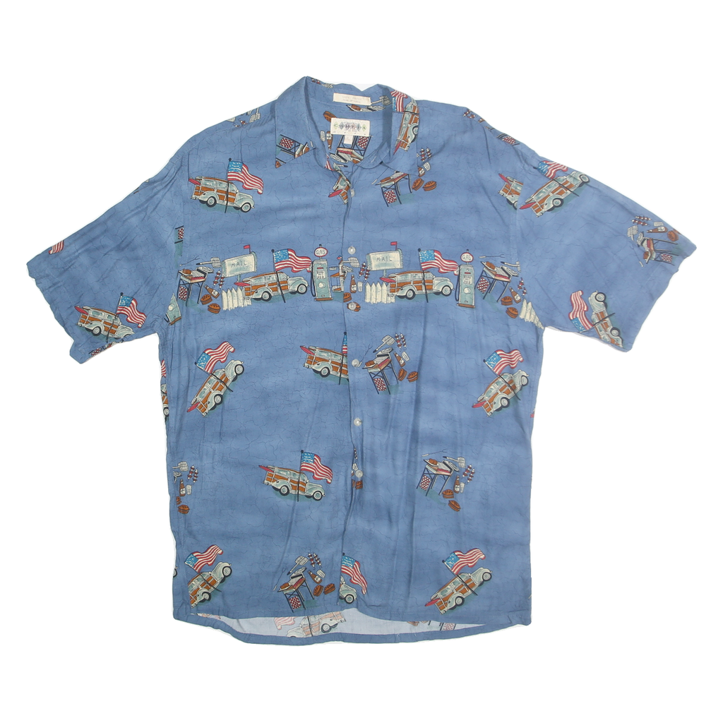 CAMPIA MODA Mens Blue Rayon L Printed Short Sleeve Shirt Retro Style