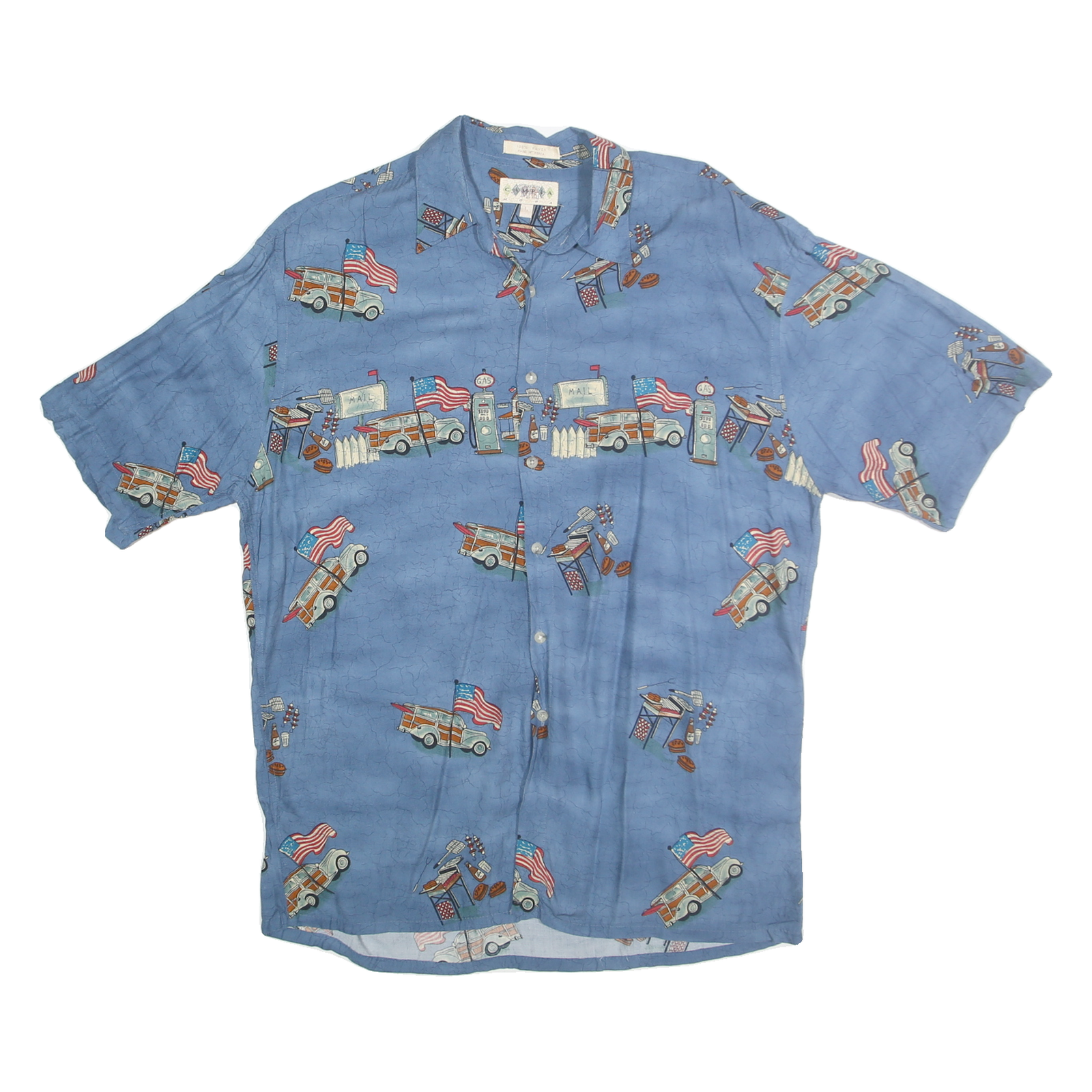 CAMPIA MODA Mens Blue Rayon L Printed Short Sleeve Shirt Retro Style