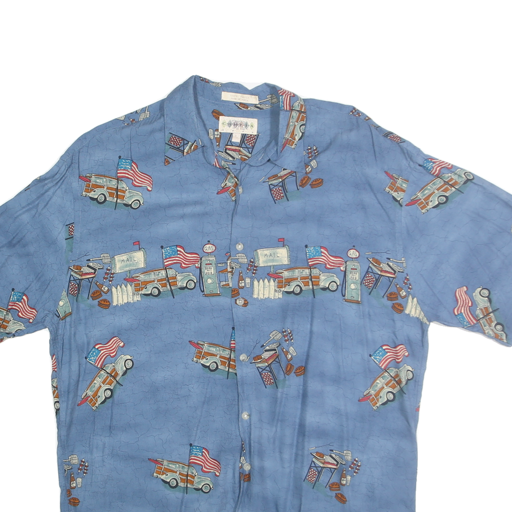 CAMPIA MODA Mens Blue Rayon L Printed Short Sleeve Shirt Retro Style