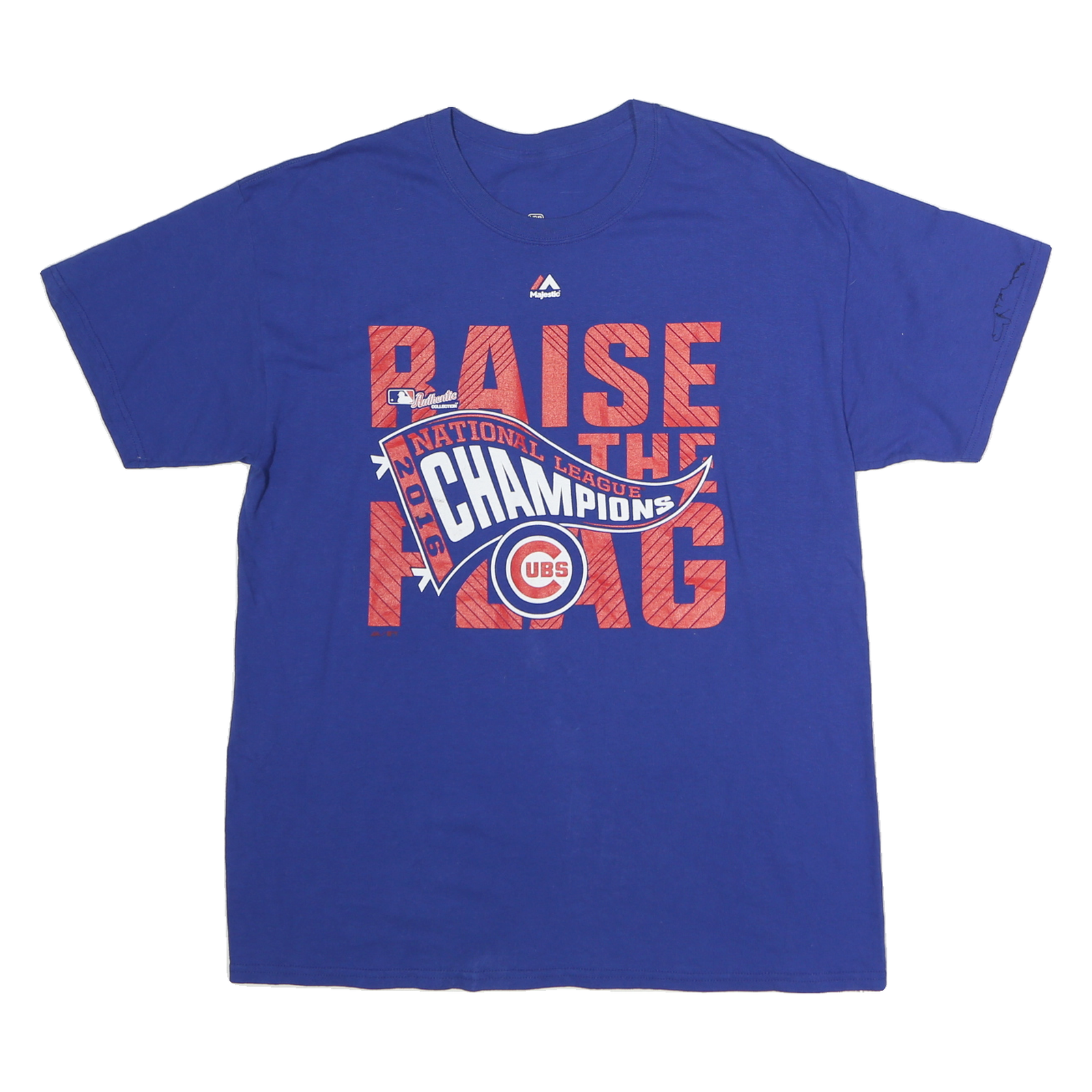 MAJESTIC Mens Blue Cubs National League Champions Graphic T-Shirt L Short Sleeve