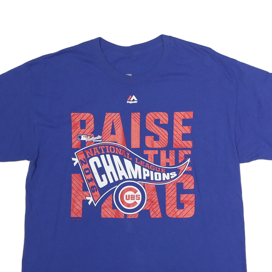 MAJESTIC Mens Blue Cubs National League Champions Graphic T-Shirt L Short Sleeve