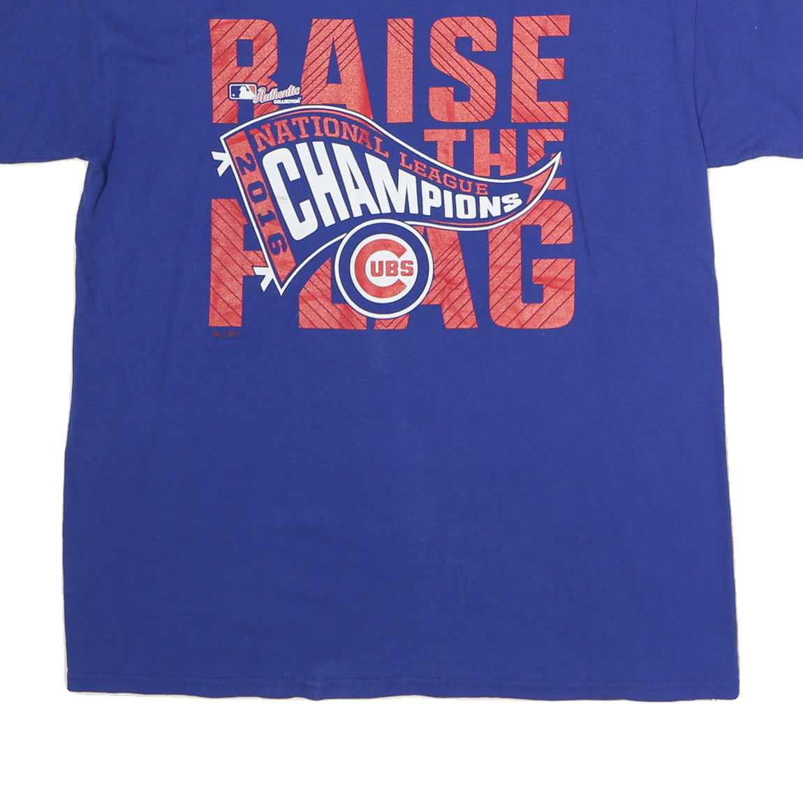 MAJESTIC Mens Blue Cubs National League Champions Graphic T-Shirt L Short Sleeve