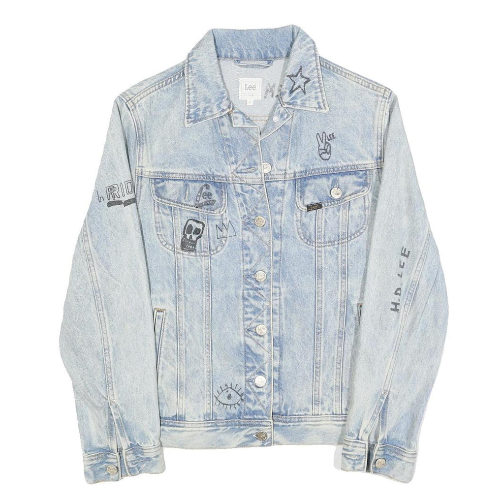 LEE Womens Blue Denim Button Cotton Jacket XS Artistic Graphic Print Casual