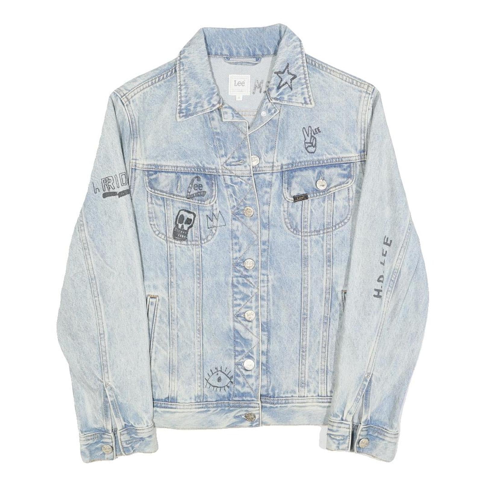LEE Womens Blue Denim Button Cotton Jacket XS Artistic Graphic Print Casual
