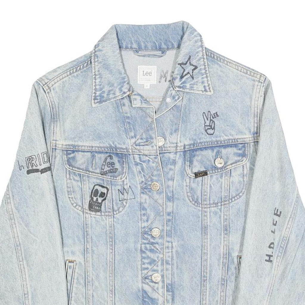 LEE Womens Blue Denim Button Cotton Jacket XS Artistic Graphic Print Casual