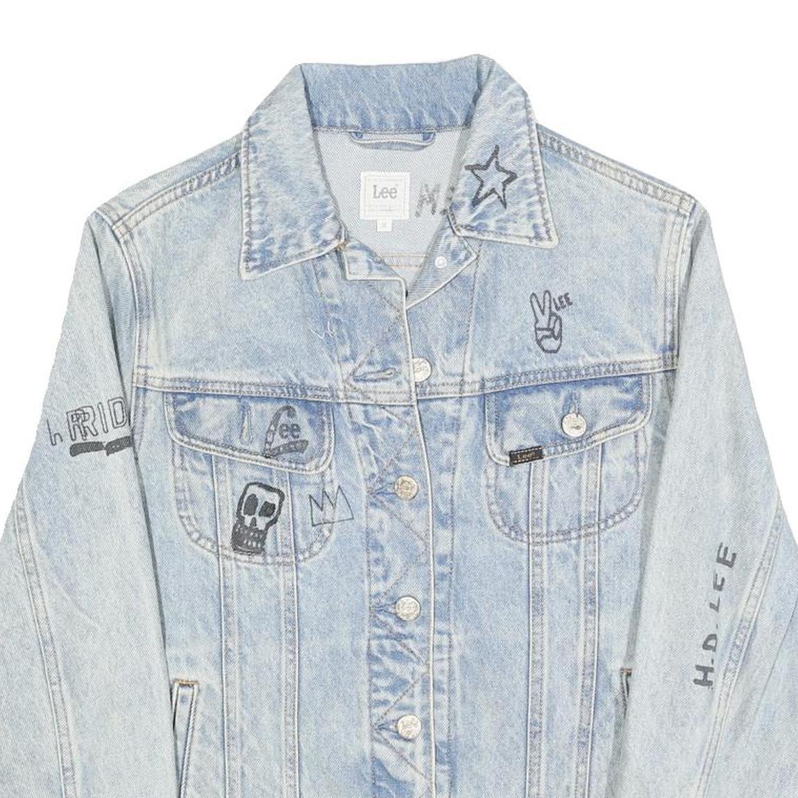 LEE Womens Blue Denim Button Cotton Jacket XS Artistic Graphic Print Casual