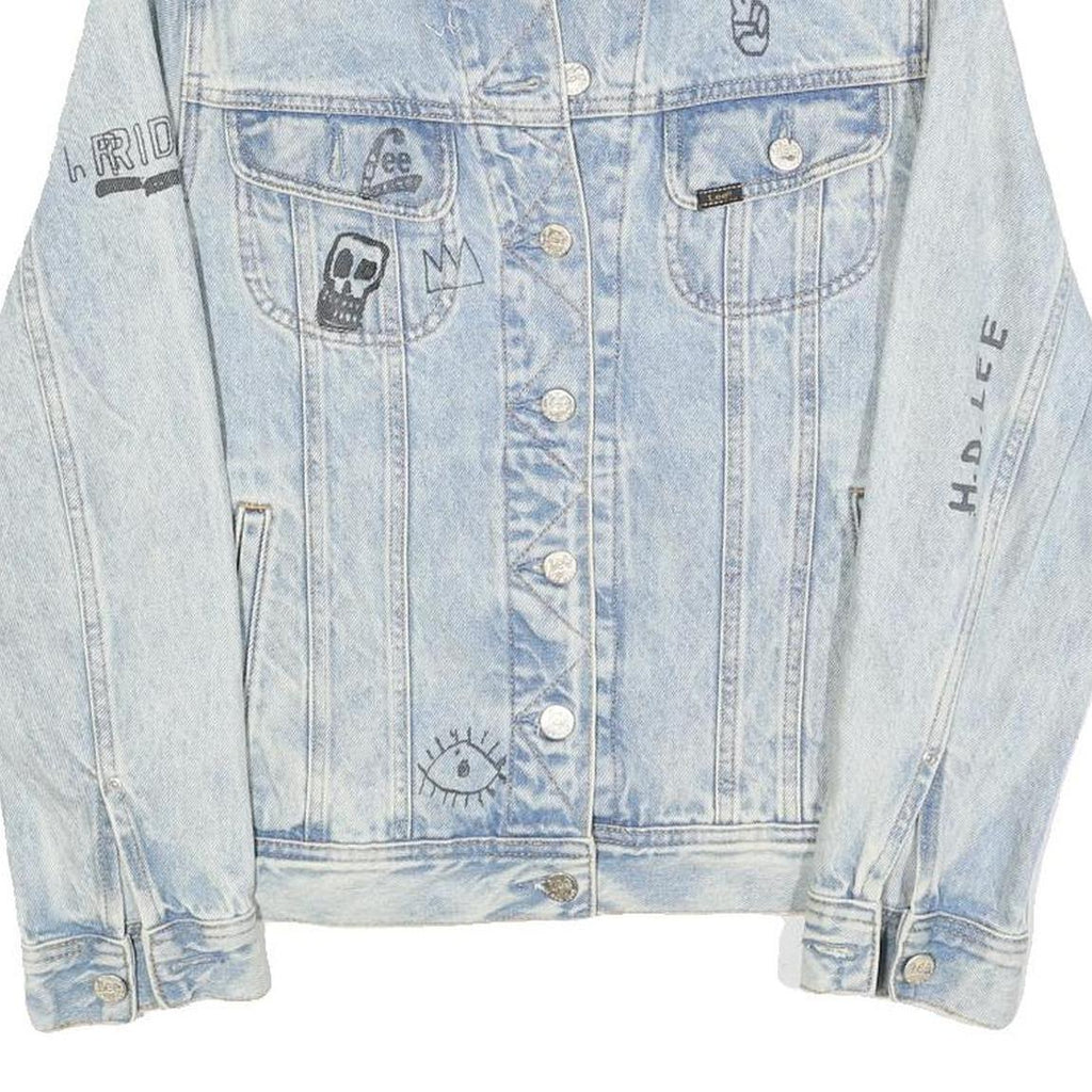 LEE Womens Blue Denim Button Cotton Jacket XS Artistic Graphic Print Casual