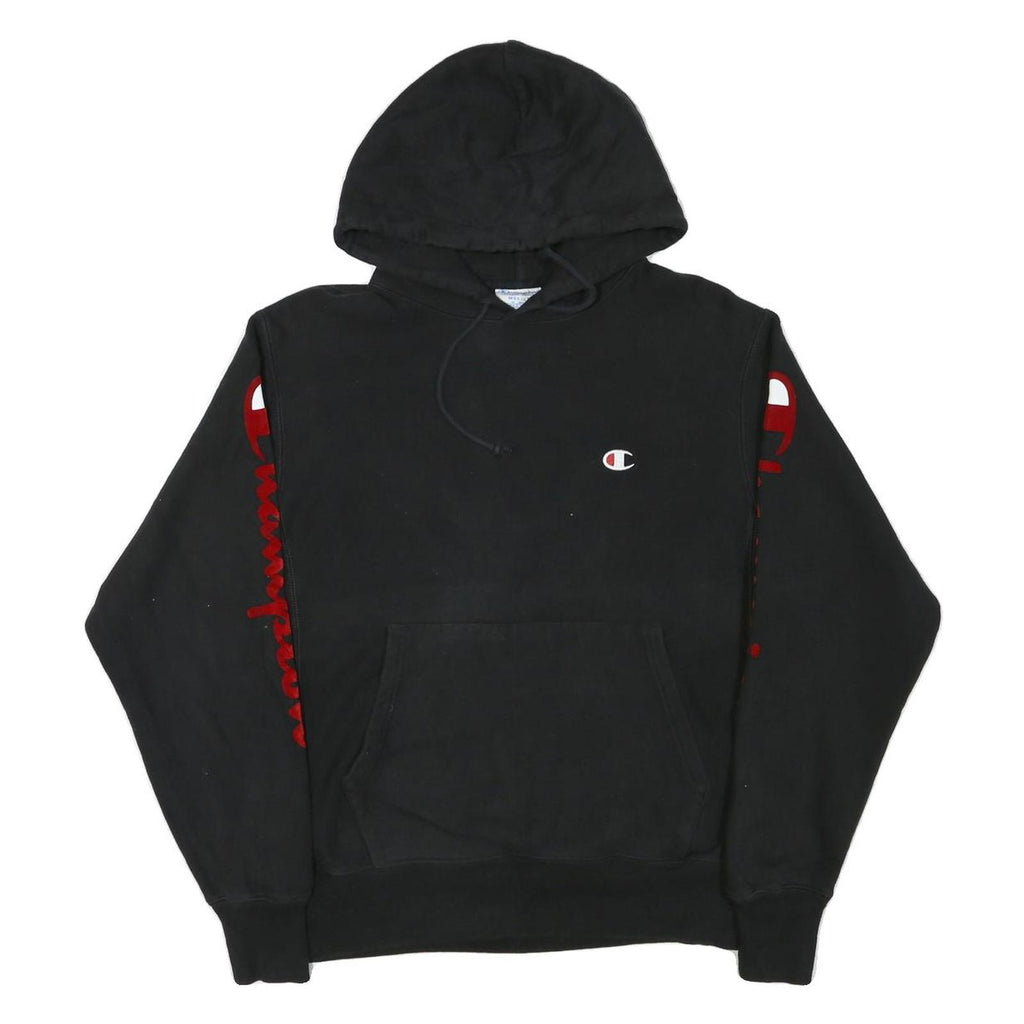 CHAMPION Mens Black Pullover Hoodie M Embroidered Logo Sleeve Print