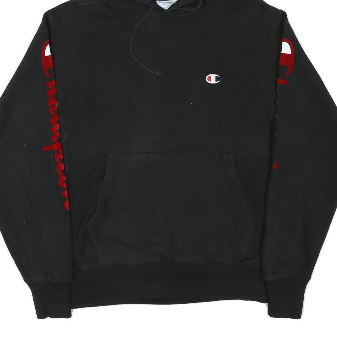 CHAMPION Mens Black Pullover Hoodie M Embroidered Logo Sleeve Print