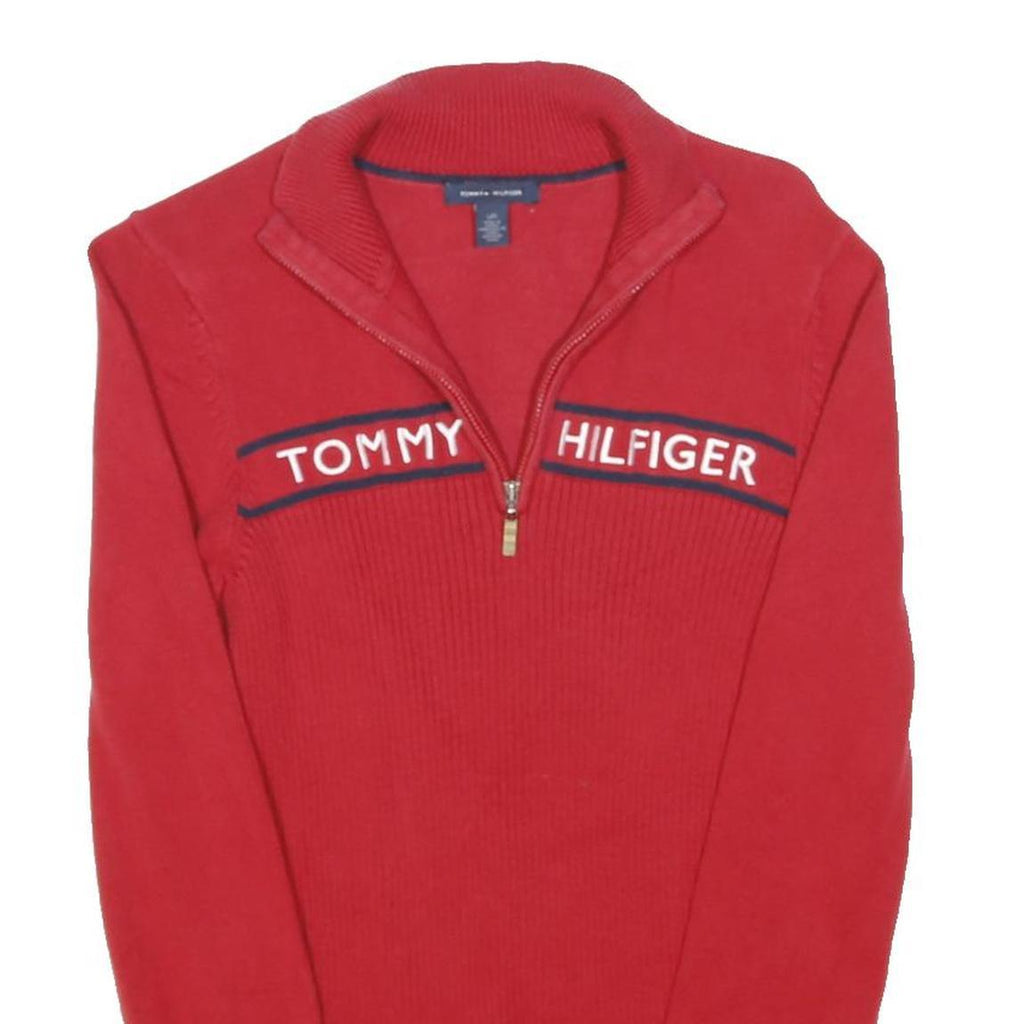 TOMMY HILFIGER Womens Red Patterned Jumper V-Neck Basic Knit L Cotton Blend Logo