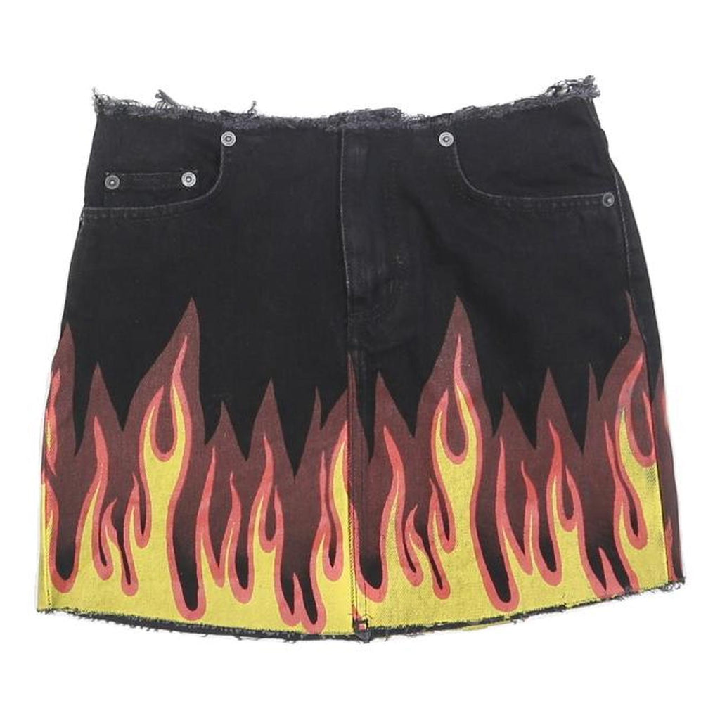 CARMAR Womens Black Flame Print Denim Mini Skirt Cotton Blend XS Edgy Streetwear