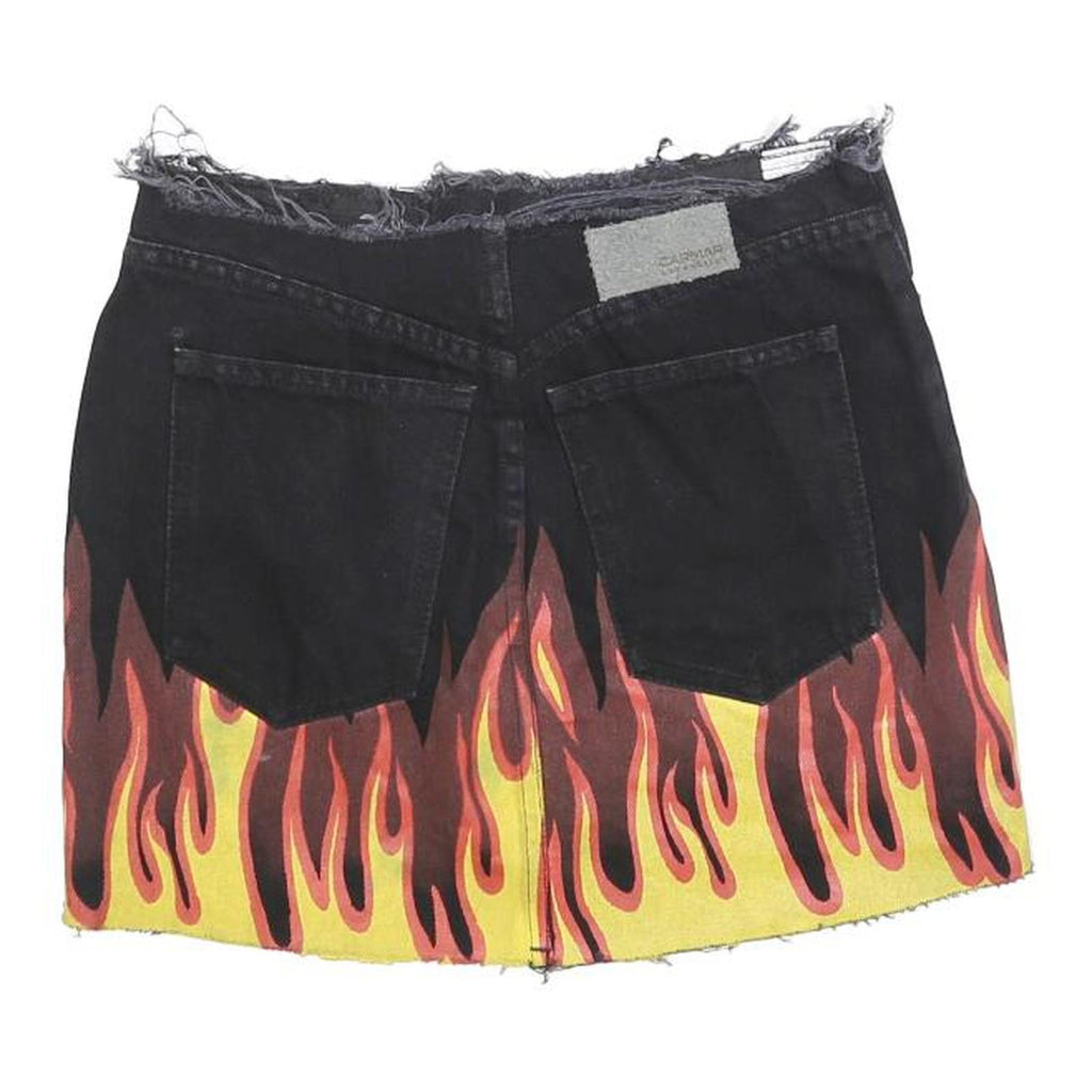 CARMAR Womens Black Flame Print Denim Mini Skirt Cotton Blend XS Edgy Streetwear