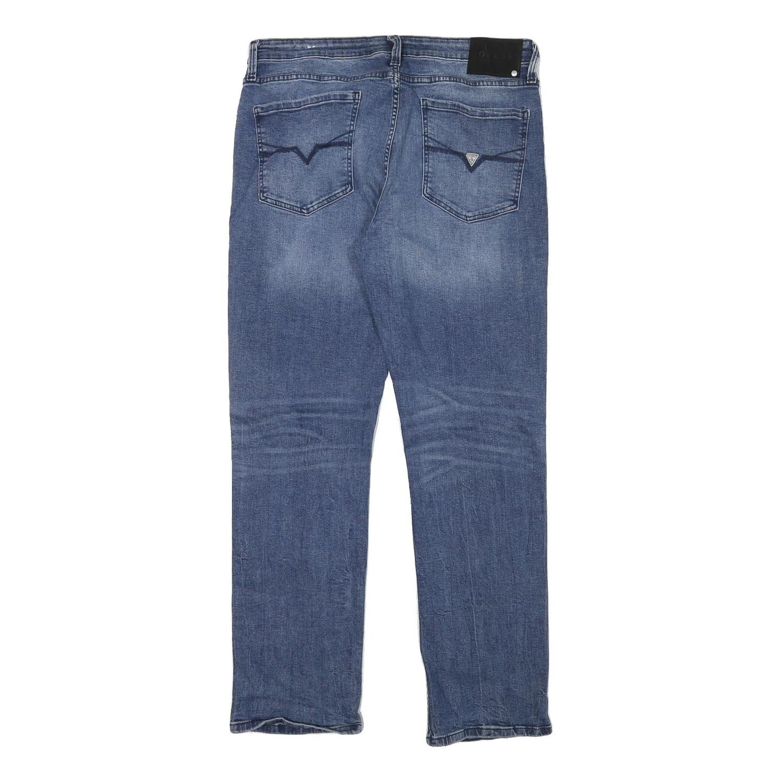 GUESS Mens Regular Fit Blue Denim Jeans W34 L37 Cotton Blend Zip Pockets