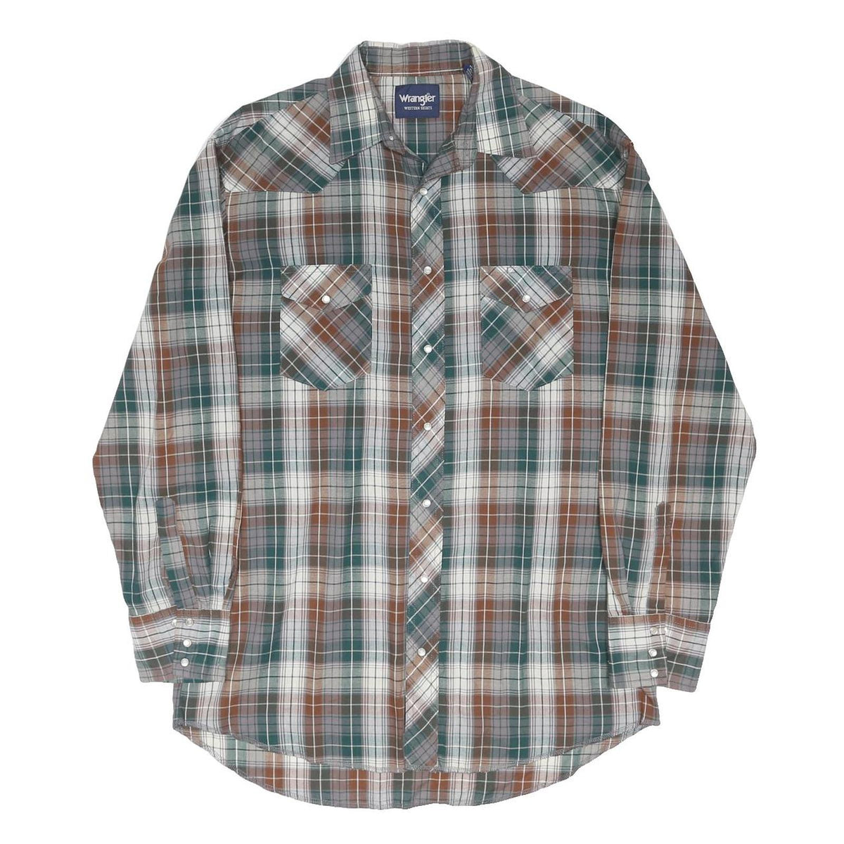 WRANGLER Mens Green & Brown Plaid Western Shirt XL Cotton Blend Casual Long