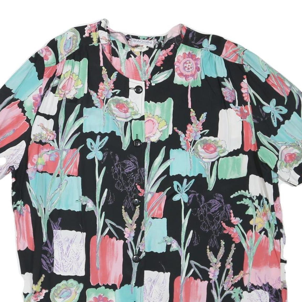 BIAGGINI Womens Black Floral Printed Blouse Short Sleeve Round Neck L