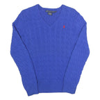 RALPH LAUREN SPORT Womens Blue Patterned Cotton Cable Knit V-Neck Jumper XL