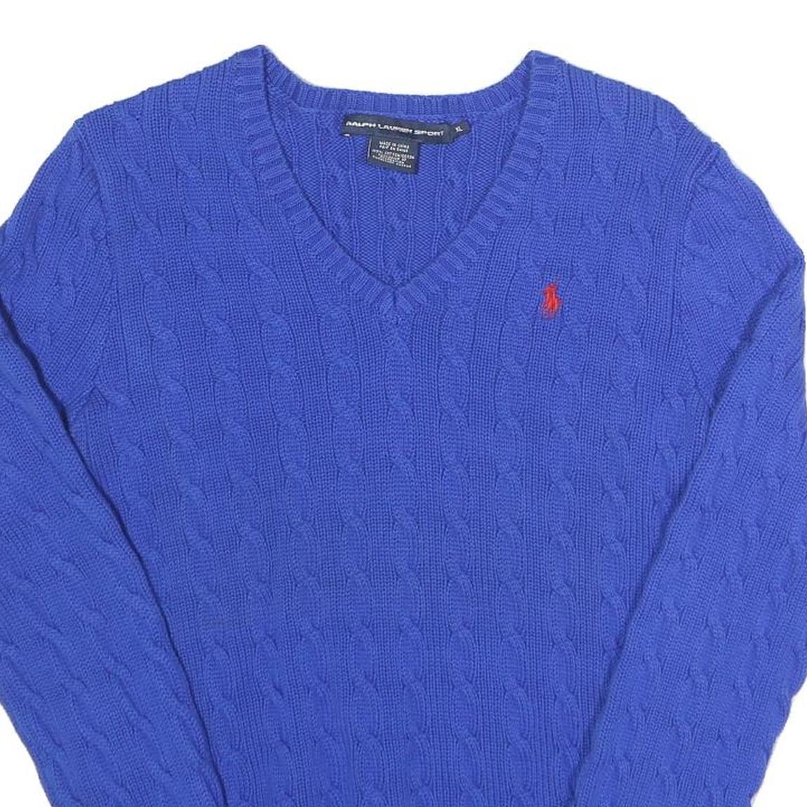 RALPH LAUREN SPORT Womens Blue Patterned Cotton Cable Knit V-Neck Jumper XL