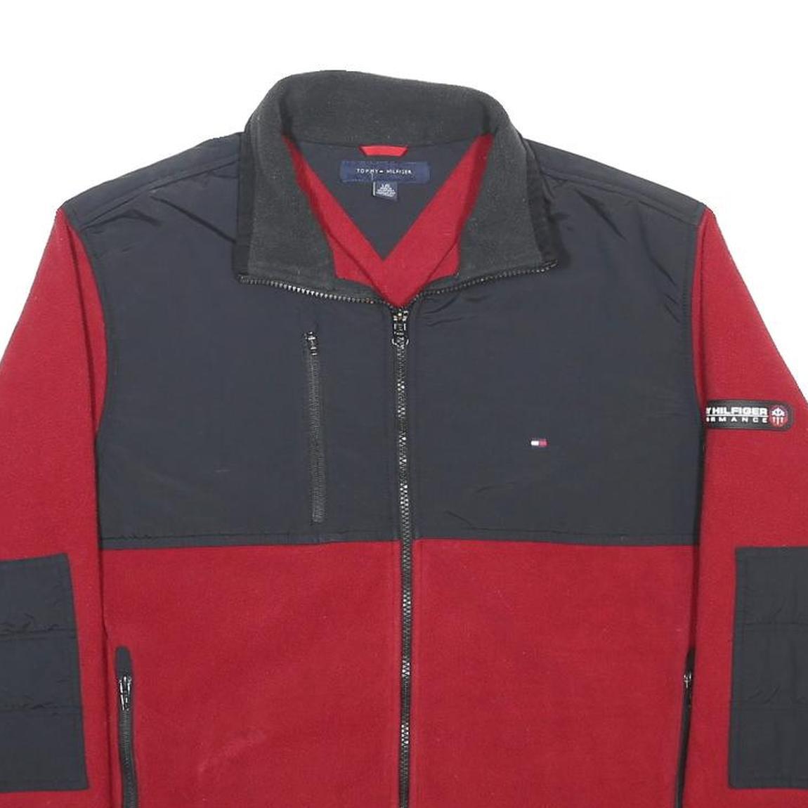 TOMMY HILFIGER Mens Red & Black Zip Jacket L Polyester Colourblock Performance
